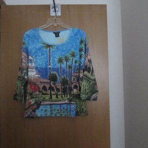 RAAKHEE Women's Multicolor Graphic 3/4 Sleeve Top Size PXL Sequins, Beads